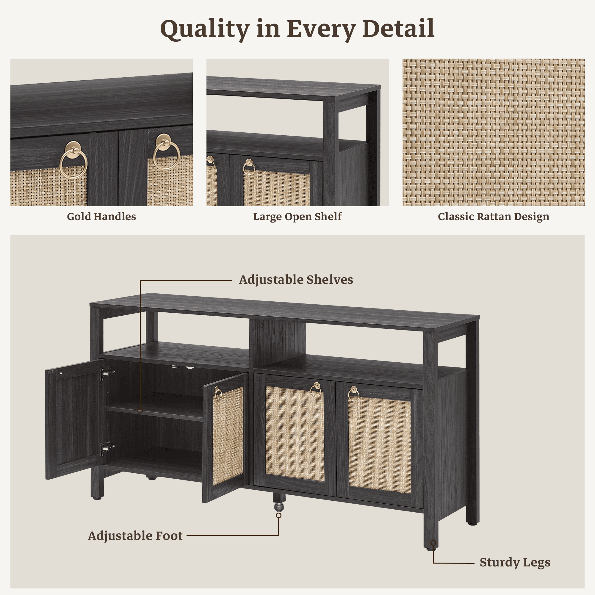 SICOTAS Boho TV Stand for TVs up to 65", Rattan 29.5" Tall Entertainment Center with Storage Cabinets & Adjustable Shelves , TV Console Table Set of 2 for Living Room, Black Oak