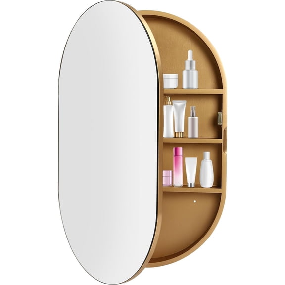 Oval Wall Storage Cabinet Mirror,20 x 31 Oval Medicine Cabinet Mirror Bathroom Wall Storage Cabinet Mirror Surface Mount Installation (Gold)
