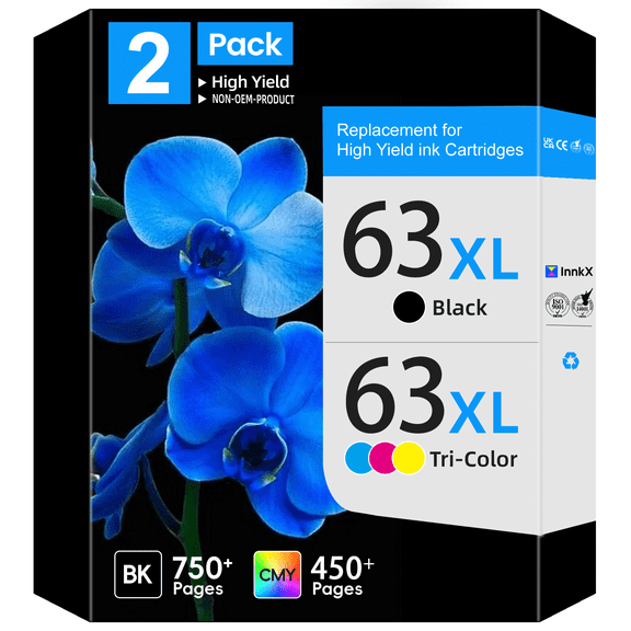 63XL 63 Ink Cartridges Compatible for printers HP Ink 63 Black and Tri-Color for Printer Ink HP 63XL Ink Cartridges 2-Pack