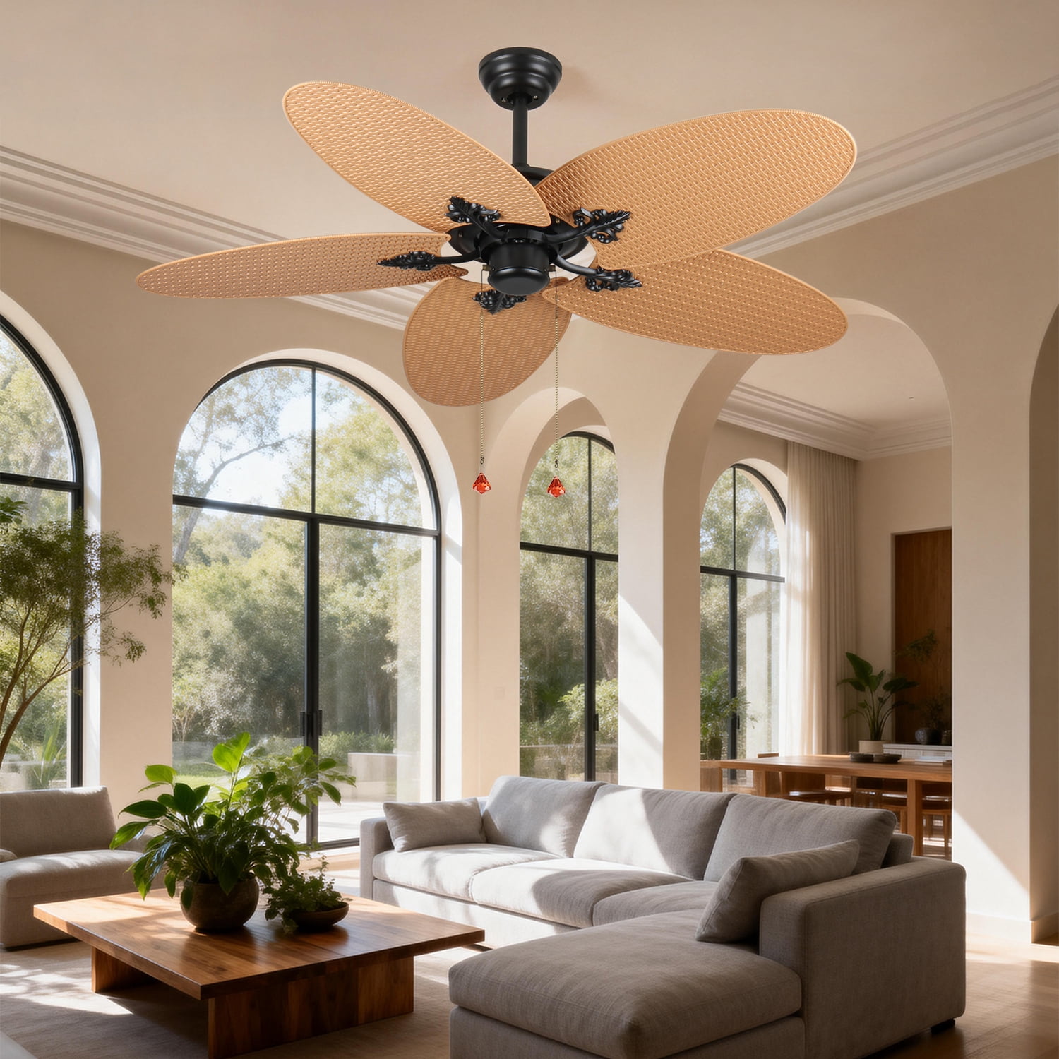 52 Inch Tropical Ceiling Fan with 5 Palm Leaf Blades, Indoor Outdoor No Light Fan, Pull Chain Control, Dual Mounting Options, Ideal for Patios and Bedrooms