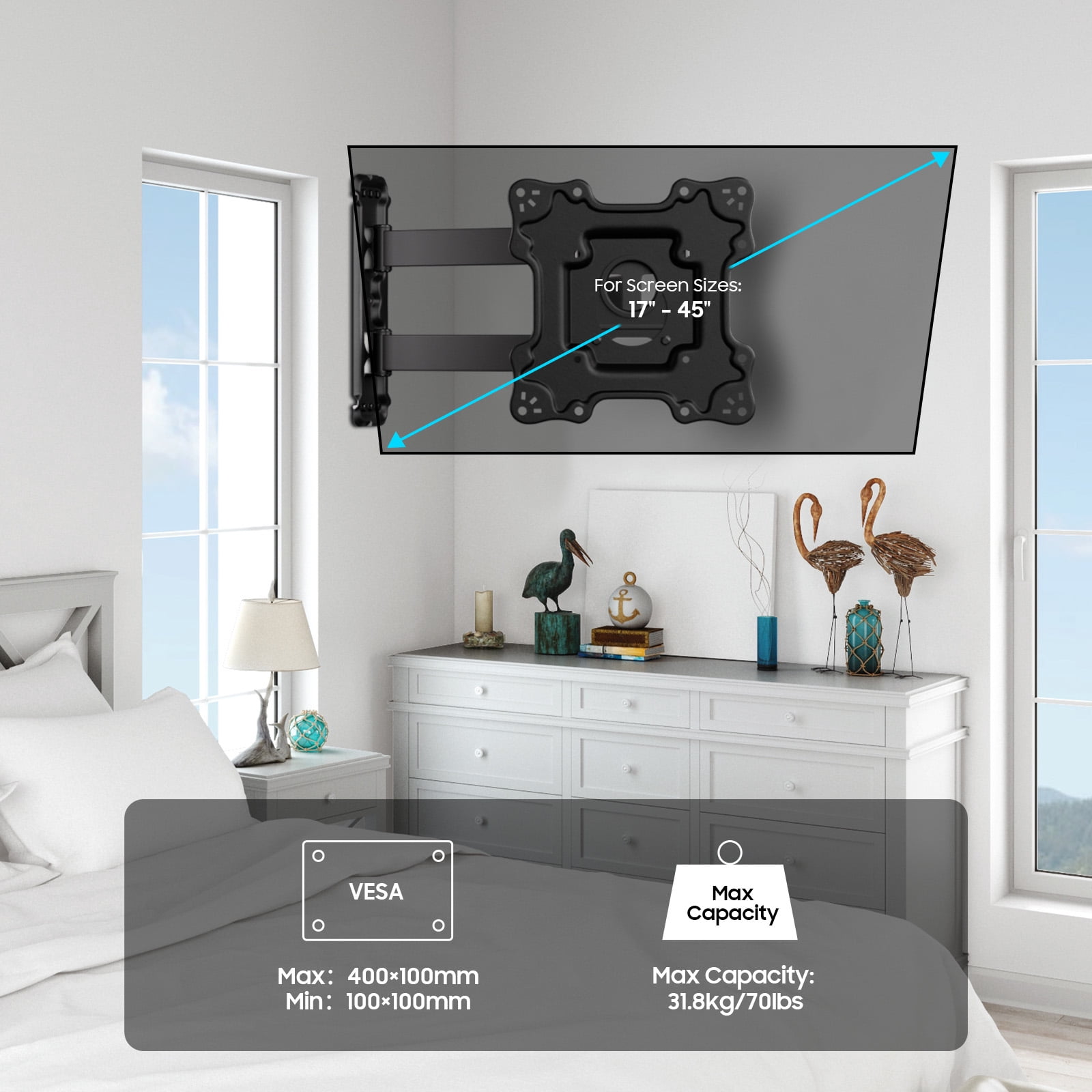 Sylvox Rotating Wall Mount for 17"-45" TVs, Swivel Tilt TV Bracket, Fits VESA 100x100mm to 200x200mm, Holds up to 70 lbs