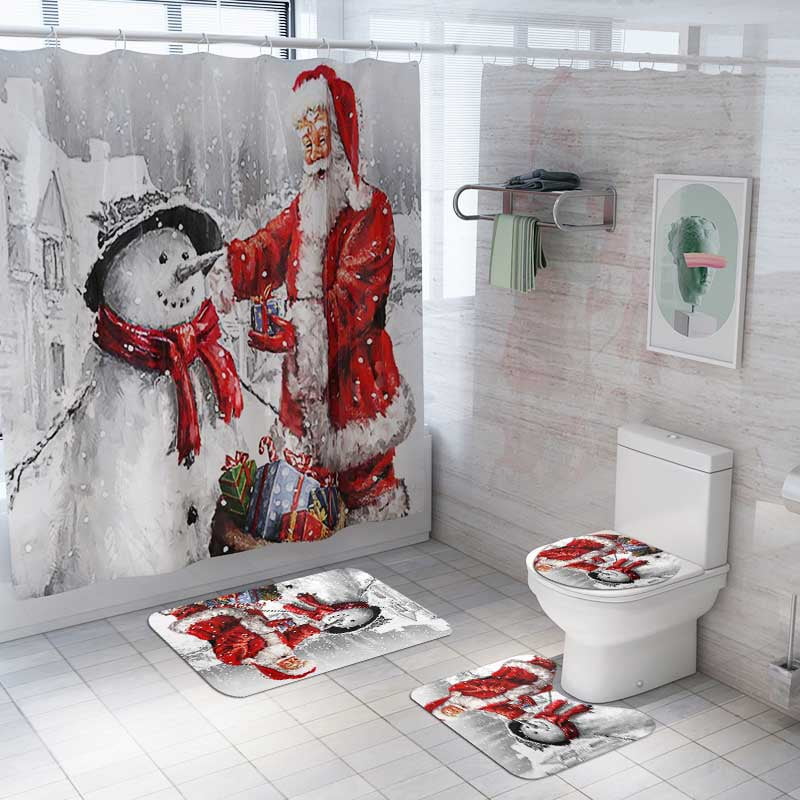 Christmas 4 Pcs Shower Curtain Set Non-Slip Rug+Toilet Lid Cover+Bath