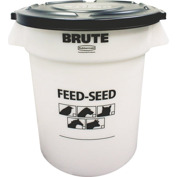 Rubbermaid Commercial Products BRUTE Container with Lid 20 Gal Feed/Seed White, for Bird/Animal/Pet Food