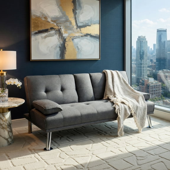 Demi Bonn Fold Sofa Bed Couch, Futon Sleeper Chair Guest Bed and Fold Out Couch, Convertible Folding Futon Sofa Bed Fabric with 2 Cup Holders, for Living Room, Bedroom, Dark Gray