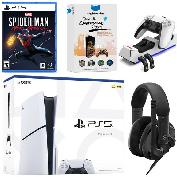 Sony PlayStation 5 Slim Disc Bundle with Spider-Man: Miles Morales, EPOS Headset, Charging Dock and MightySkins Code