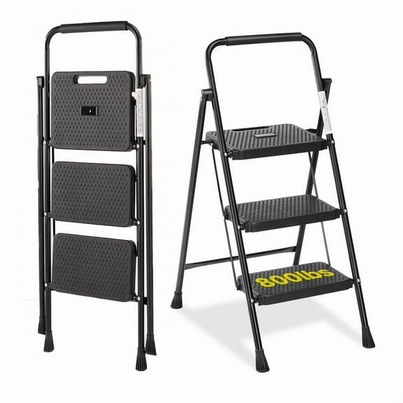 3 Step Ladder, Foldable Lightweight Step Stool, Anti-Slip Pedal, Rubber Handle, Automatic lock, Ladder for Home Kitchen, Living room, Office