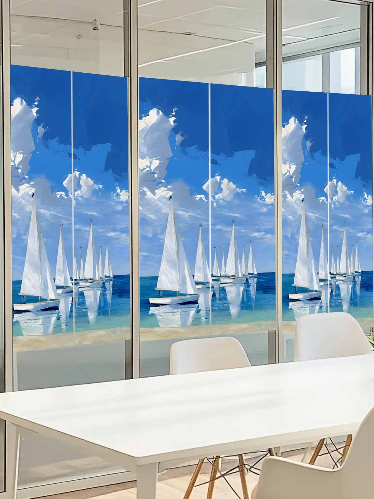 Summer Theme Window Privacy Film, Oil Painting Blue Oceans Sailboats Cloud Sky Frosted Glass Window Clings Static Cling UV Heat Blocking Reusable Door Sticker for Bathroom 23.6 x 59 Inch