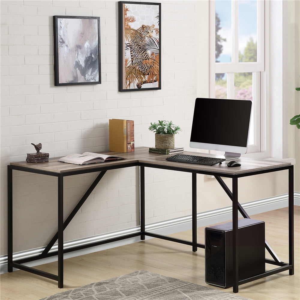 Kids Writing Table, L Shaped Modern Wooden Computer Table with Metal