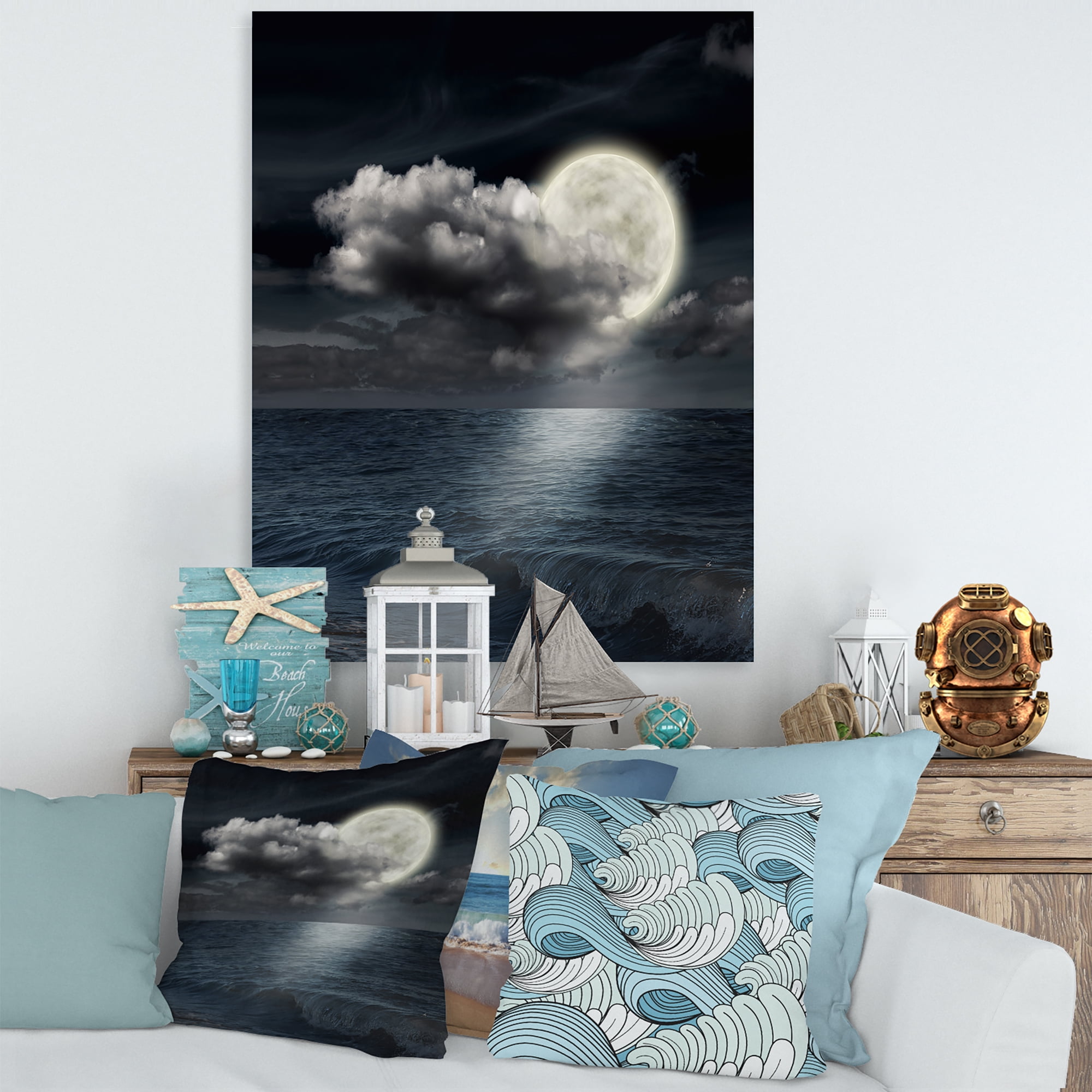 「MOON.」CLARITY ART Free Shipping! Designart Cloudy Full Moon Night Glossy Metal