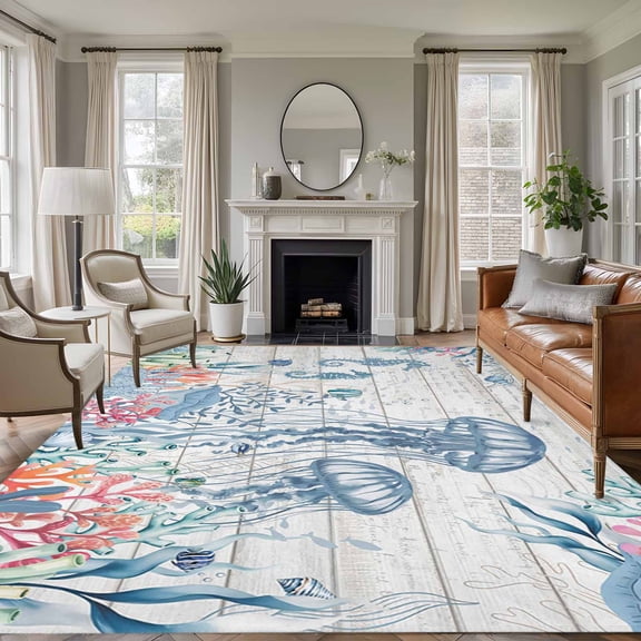 Area Rug for Living Room, Coastal Jellyfish Non-Slip Indoor Large Carpet for Bedroom/Dining Room, Beach Nautical Ocean Coral Seahorse Vintage Washable Low-Profile Floor Runner Rugs - 5 x 8 Ft
