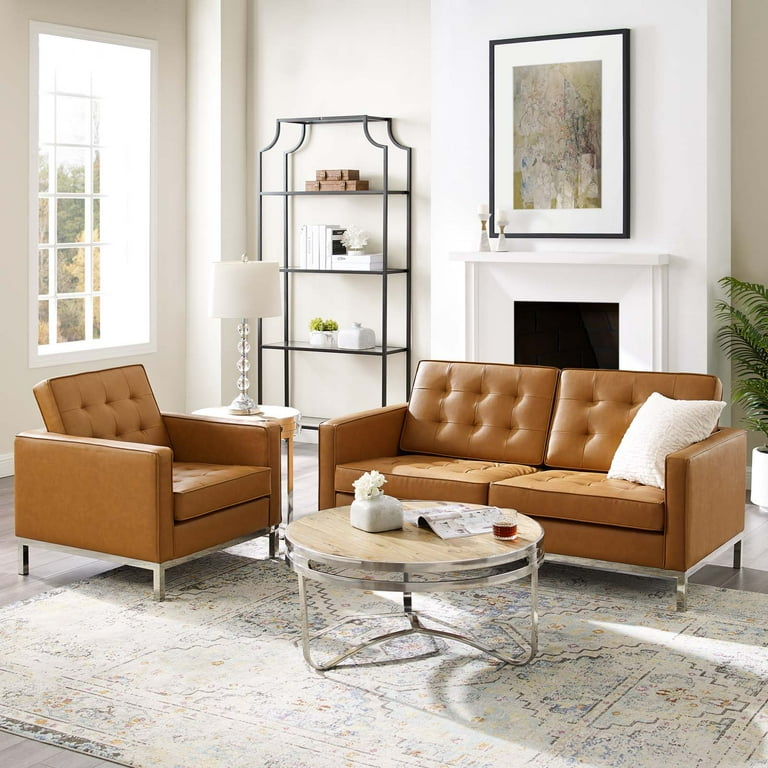 Tufted Armchair and Loveseat Sofa Set Faux Leather Silver Tan