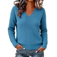 thumbnail image 4 of Fesfesfes Women's V-Neck Drop Shoulder Knit Sweater with Side Slit Long Sleeve Loose Fit Solid Color Soft Warm Casual Pullover Top for Fall Winter Daily Wear, 4 of 9