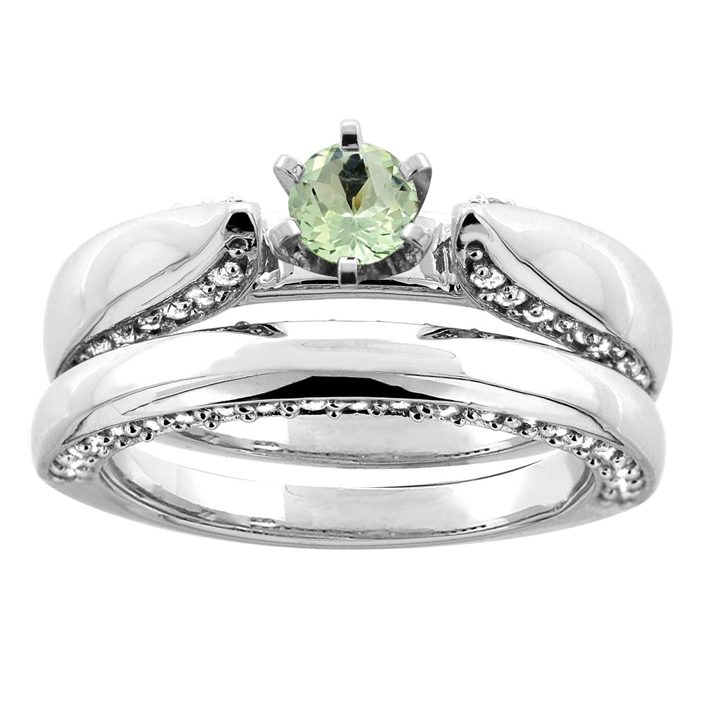 14K White Gold Natural Green Amethyst 2-piece Bridal Ring Set Diamond Accents Round 5mm, size 7 by Gabriella Gold