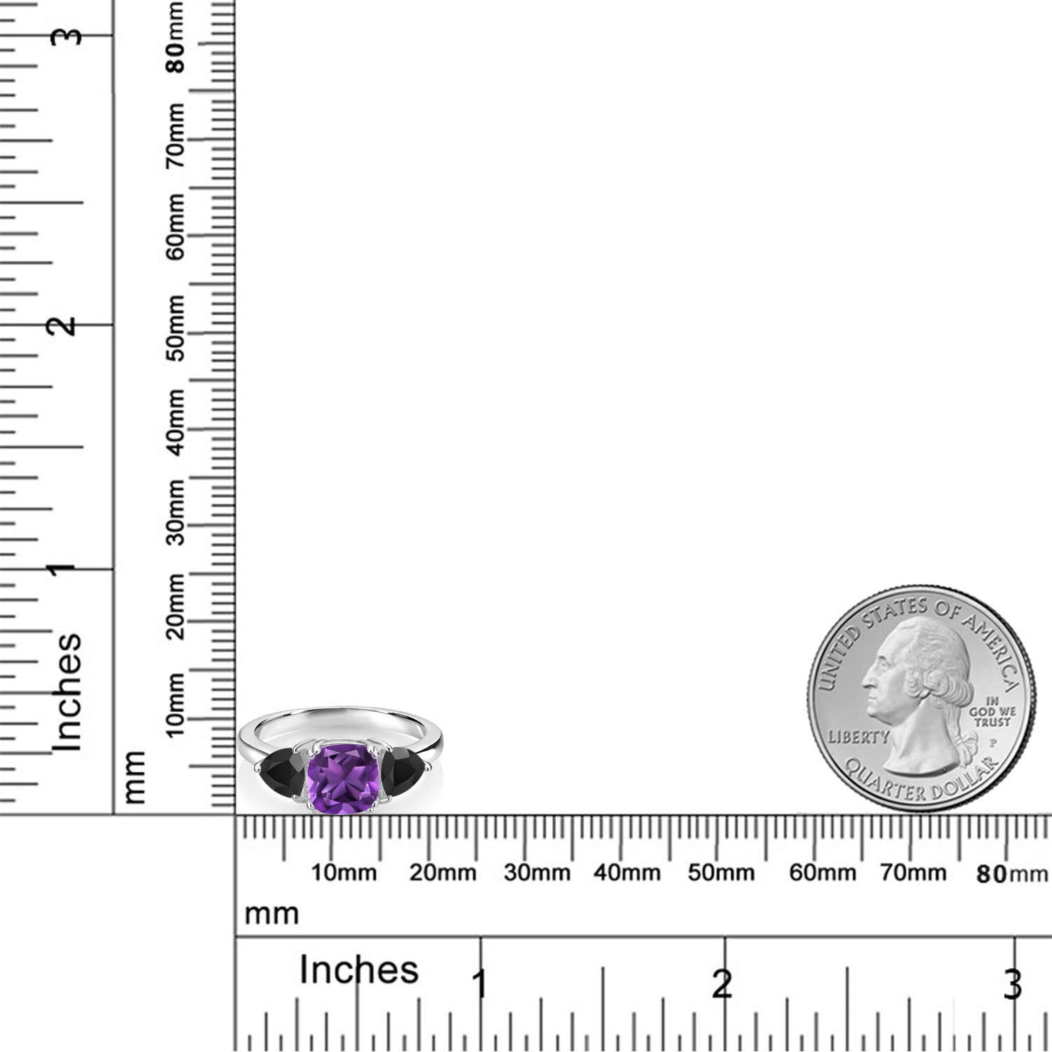 Gem Stone King 925 Sterling Silver Purple Amethyst and Black Onyx 3 Stone Engagement Ring for Women (2.12 Cttw, Gemstone February Birthstone, Available in Size 5, 6, 7, 8, 9)