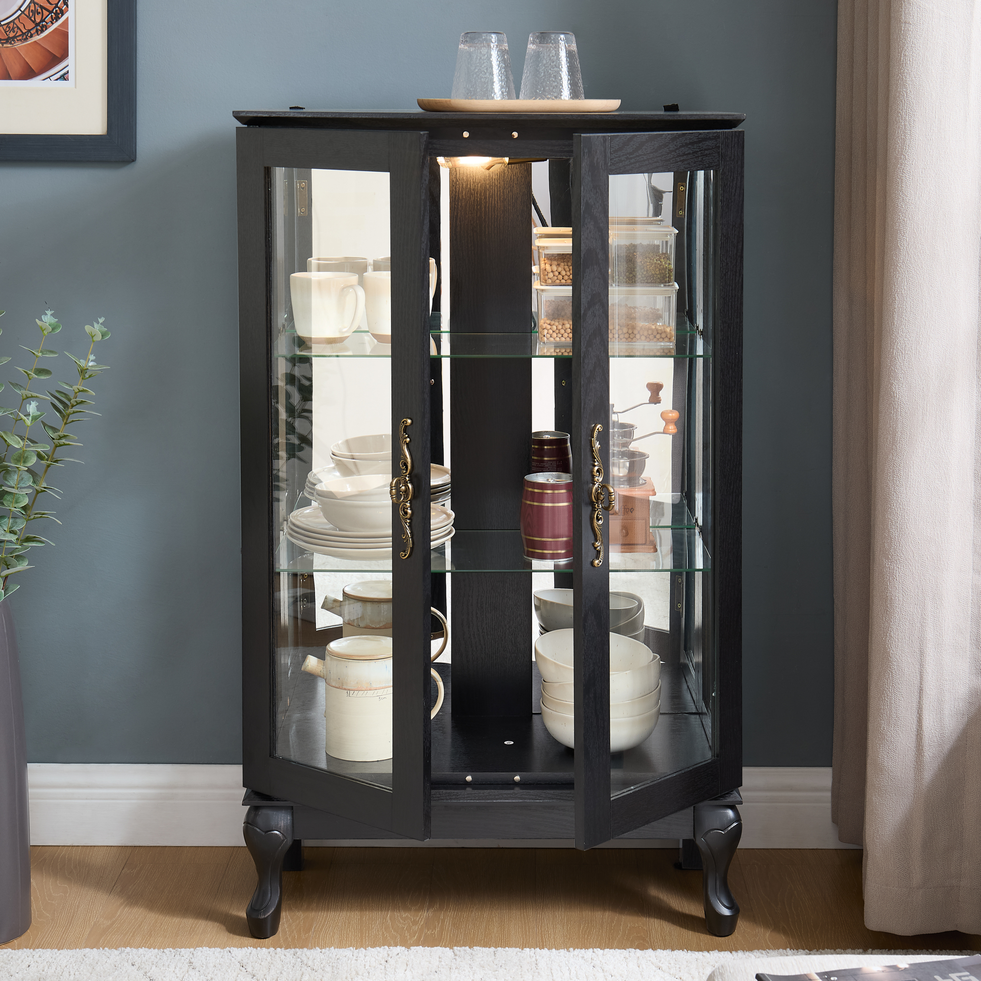 Leumius Curio Cabinet with Tempered Glass Doors, Lighted Display Cabinet with Mirrored Back Panel & Adjustable Shelves for Home or Office Black