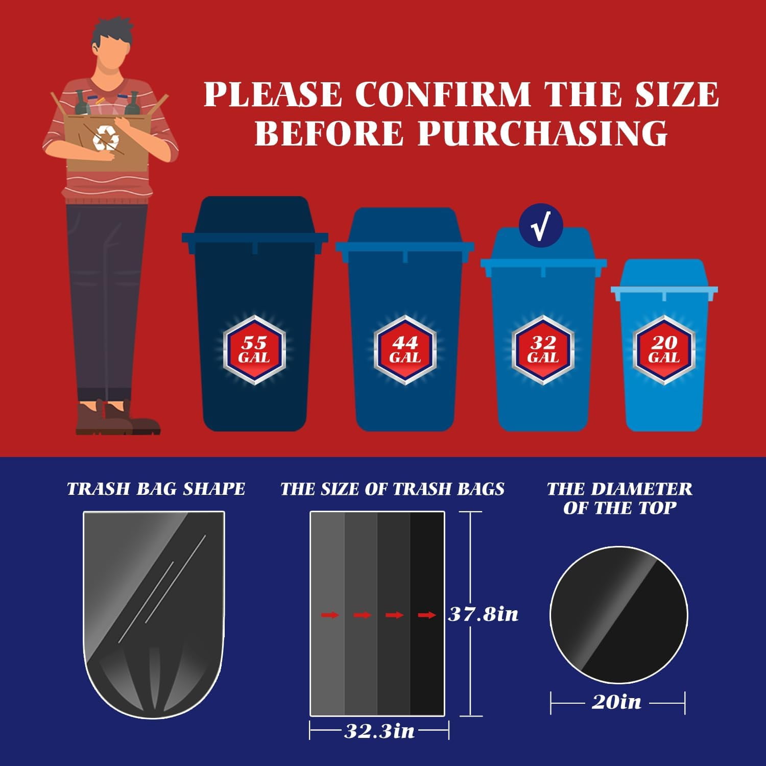 30-33 Gallon 100 Counts Large Trash Bags w/Ties Black Garbage Bags, Large Trash Can Liners for Home,Kitchen,Office,All Purpose Light Residential or Commercial Waste,Outdoor Lawn and Leaf Bags