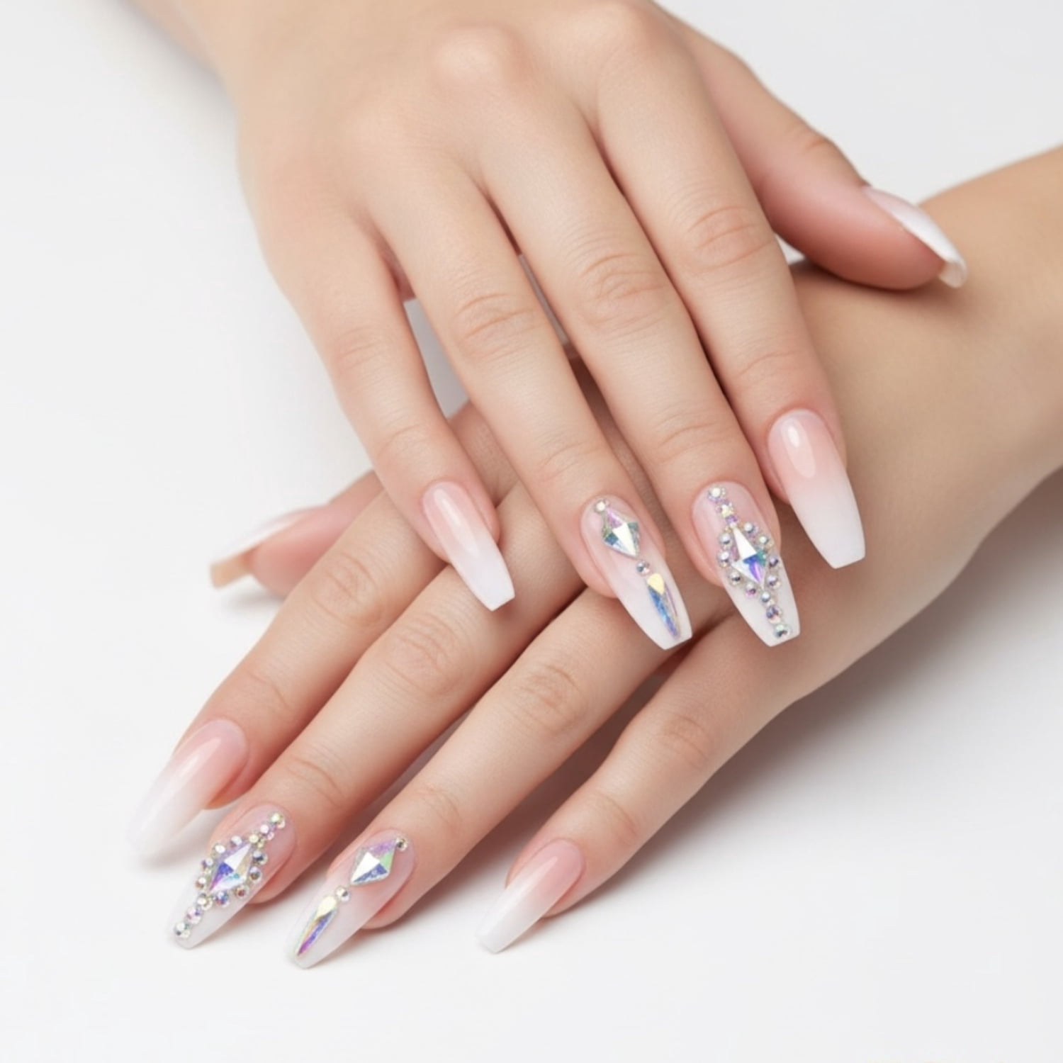 Glitz Gleam, Nude Ombre French 3D Crystal Press On Nails, Extra Long Ballerina Fake Nails Set