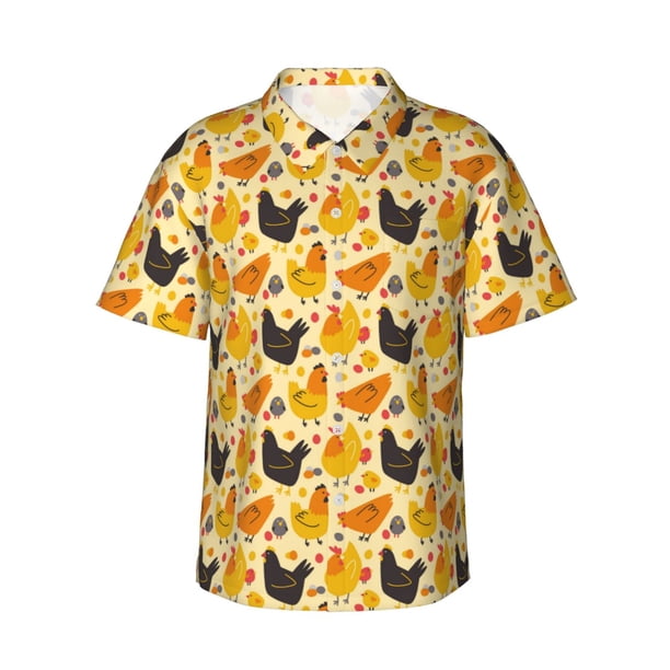 Balery Funny Chicken Camisas hawaianas de manga corta para hombre, camisas playeras de corte holgado, camisas de vacaciones con botones,Medium