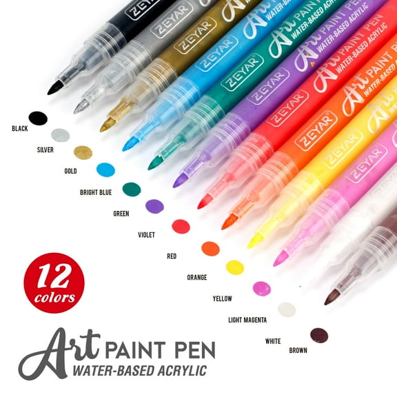 ZEYAR Acrylic Paint Pens, Extra Fine Point, AP Certified, 12 Colors, Water Based, Permanent & Waterproof Ink, Works on Rock, Wood, Glass, Metal, Ceramic and Non porous Surfaces
