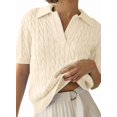 thumbnail image 2 of Women's Cable Knit Sweater Short Sleeve V Neck Soft Casual Pullover Top Solid Color Grey White S, 2 of 6