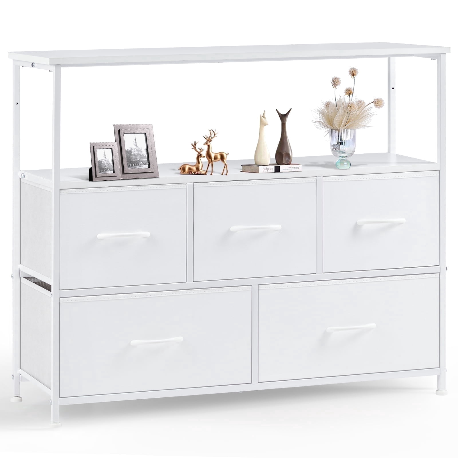 CONCETTA TV Stand Dresser with 5 Fabric Drawers and Open Shelving, Multi-functional Storage Unit Fits TV up to 45 inches for Bedroom Living Room Hallway, White