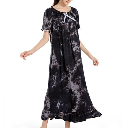 

Monfince Women Nightgown Vintage Victorian Princess Nightdress Tie Dye Printed Loose Long Loungewear Short Sleeve Sleepwear