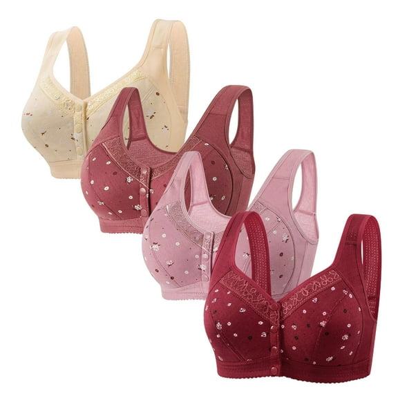 XFLWAM Front Closure Daisy Bras for Older Women Plus Size Push Up Comfortable No Underwire Seniors Full Coverage Cotton Bra 4 Packs