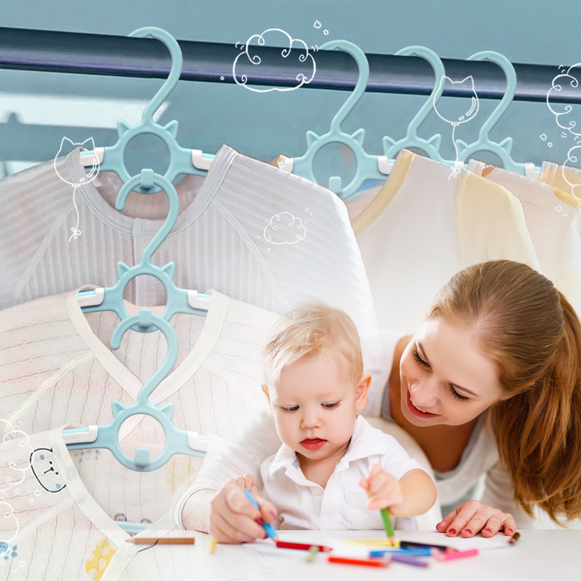 Funamily 40pcs Baby Nursery Closet Hangers, 11"-14.6" Adjustable Kids Toddler Clothes for Boy (Blue)