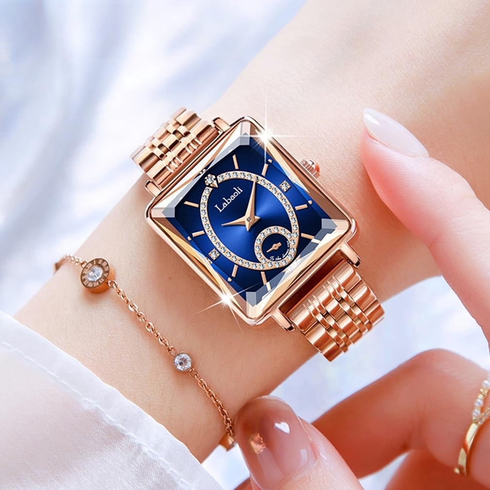 Watches for Women Rose Gold Square Stainless Luxury Fashion Diamond Analog Quartz Waterproof Dress Casual Small Simple Ladies Female Wife Gifts Gold Wrist Watch