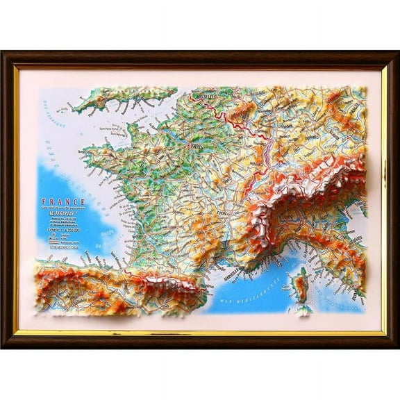 12 x 9 in. France Raised Relief Map, Framed - Gift Size