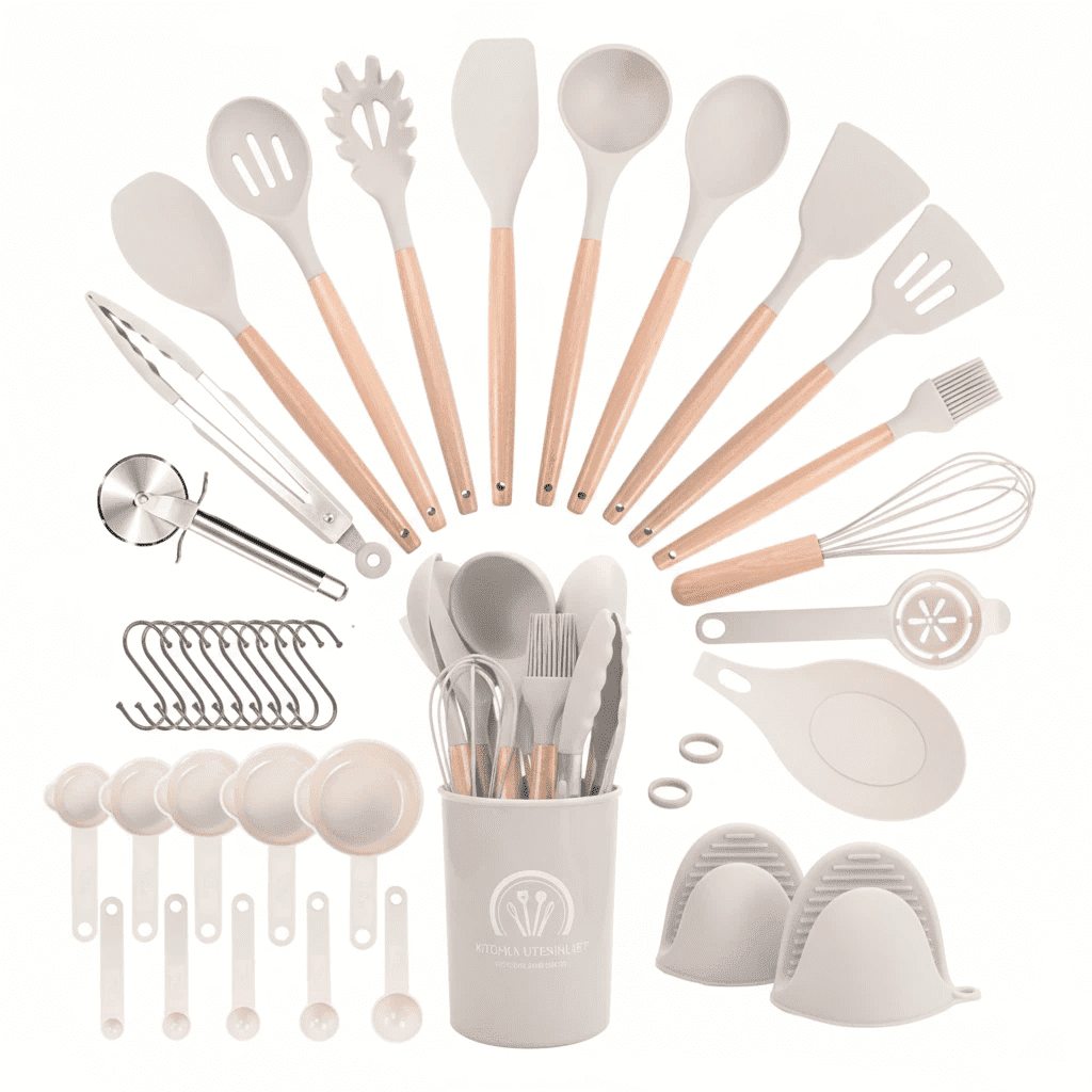 Asoricing 37 Pcs Kitchen Utensils Set, Silicone Cooking Tools for Nonstick Cookware, 446℉ Heat Resistant, Wood Handle Kitchen Gadgets (Khaki)