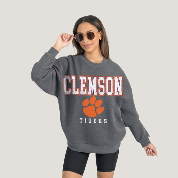 Women's Gameday Couture  Heather Charcoal Clemson Tigers Oversized Distressed Fleece Pullover Sweatshirt