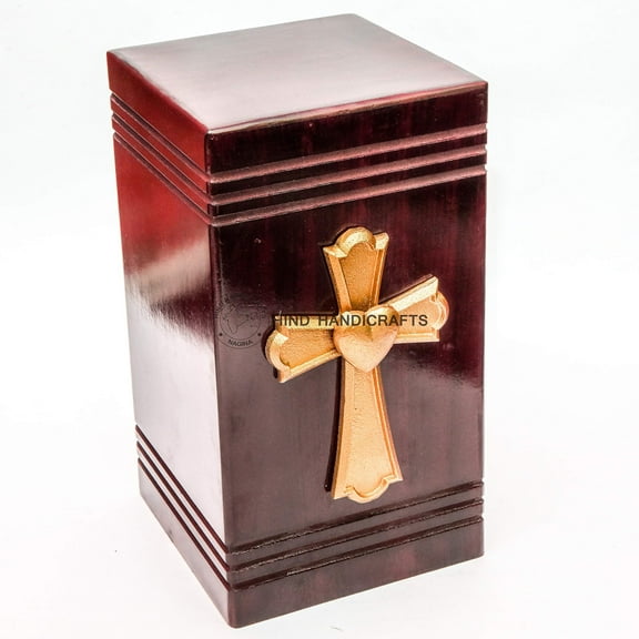 Handmade Wooden Urns for Human Ashes Adult, Large Wooden Cremation Urns for Ashes Engraving, Funeral Urn Box Burial Urns (11.25" x 6.5" x 6.5" - 250 lbs, Golden Cross)