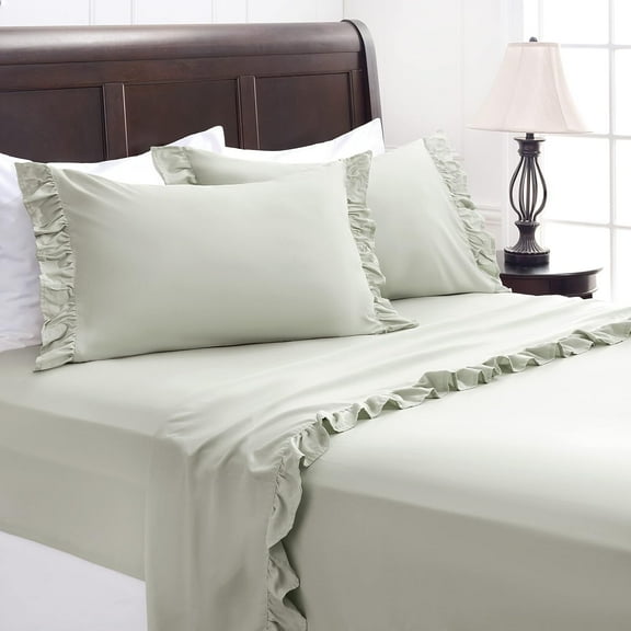 Chanasya Premium Ruffle Sheet Set - Shabby Chic Double Brushed Soft Ruffled Hem Solid Microfiber Sheet Set - Fitted Sheet, Flat Sheet & Pillow Cover - 3-Piece Set - Sage, Twin Size
