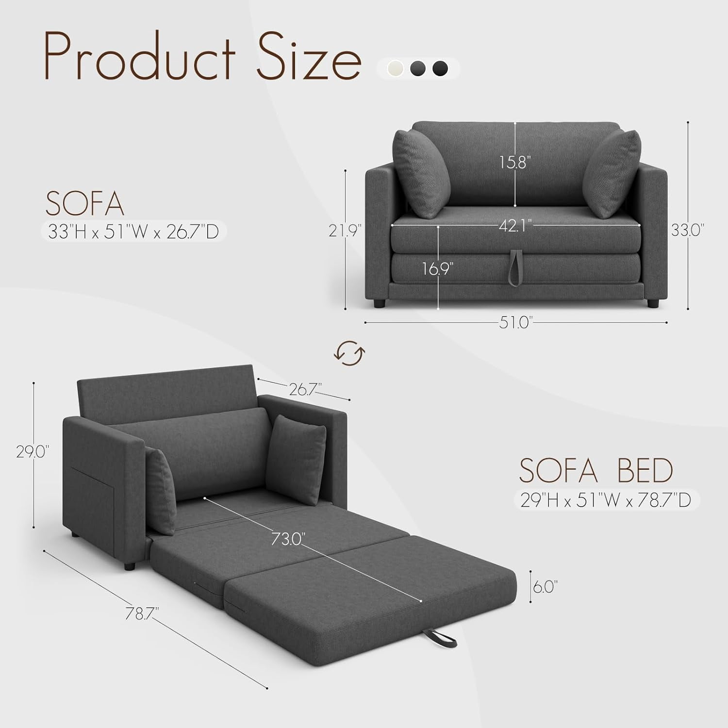Gacale Sofa Bed, 2-in-1 Pull Out Loveseat Sleeper Sofa, Folding Floor Couch for Guest Room and Bedroom, Dark Gray