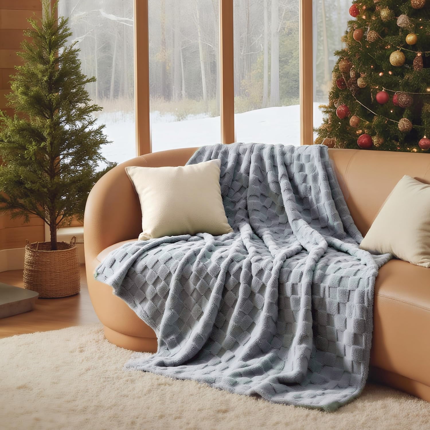 ROSEKIND Super-soft Aesthetic 3D Embossed Checkerboard Fleece Throw Blanket, Reversible Luxury Textured Fuzzy Plush Throw for Couch Bed Sofa, All-season, Blue Grey, 60"x80"