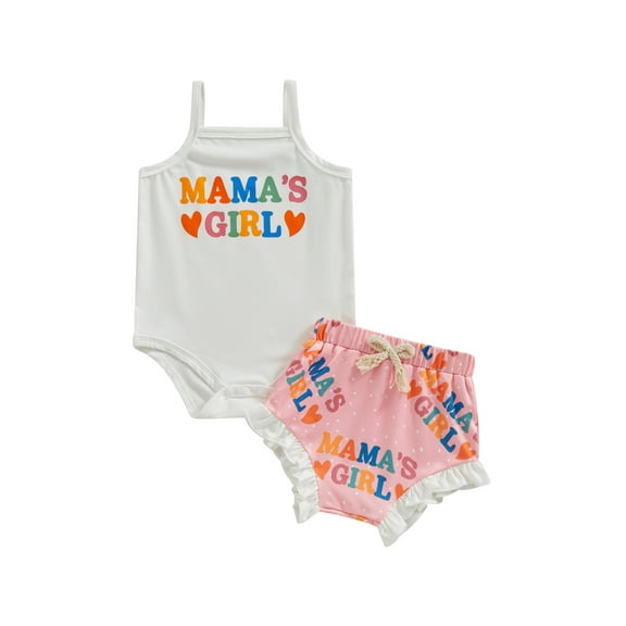Mama's Girl Summer Outfits Spaghetti Strap Sleeveless Romper Ruffle Shorts Set Infant Baby Clothes