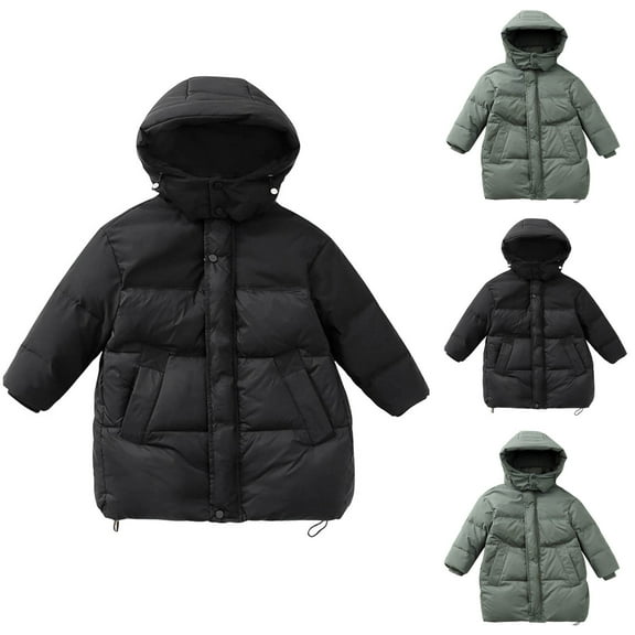 YHAJDS Kids Winter Coat Solid Color Hooded Mid Length Coat with Pockets Thickened Fleece Lined for 4-13 Years Boys Girls