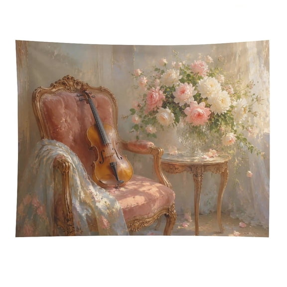 Vintage Chair Violin Roses Vase Wall Tapestry Decorative, Aesthetic Fabric Wall Hanging Art for Bedroom Living Room Dorm, Durable & Lightweight Wall Decor with Hanging Kit 30"×40"