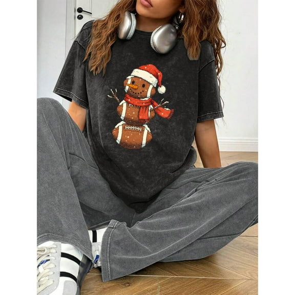 Christmas Football Snowman Graphic for Holidays Tee T Shirt Top Short Sleeve Round Neck Black S-2XL Plus Size