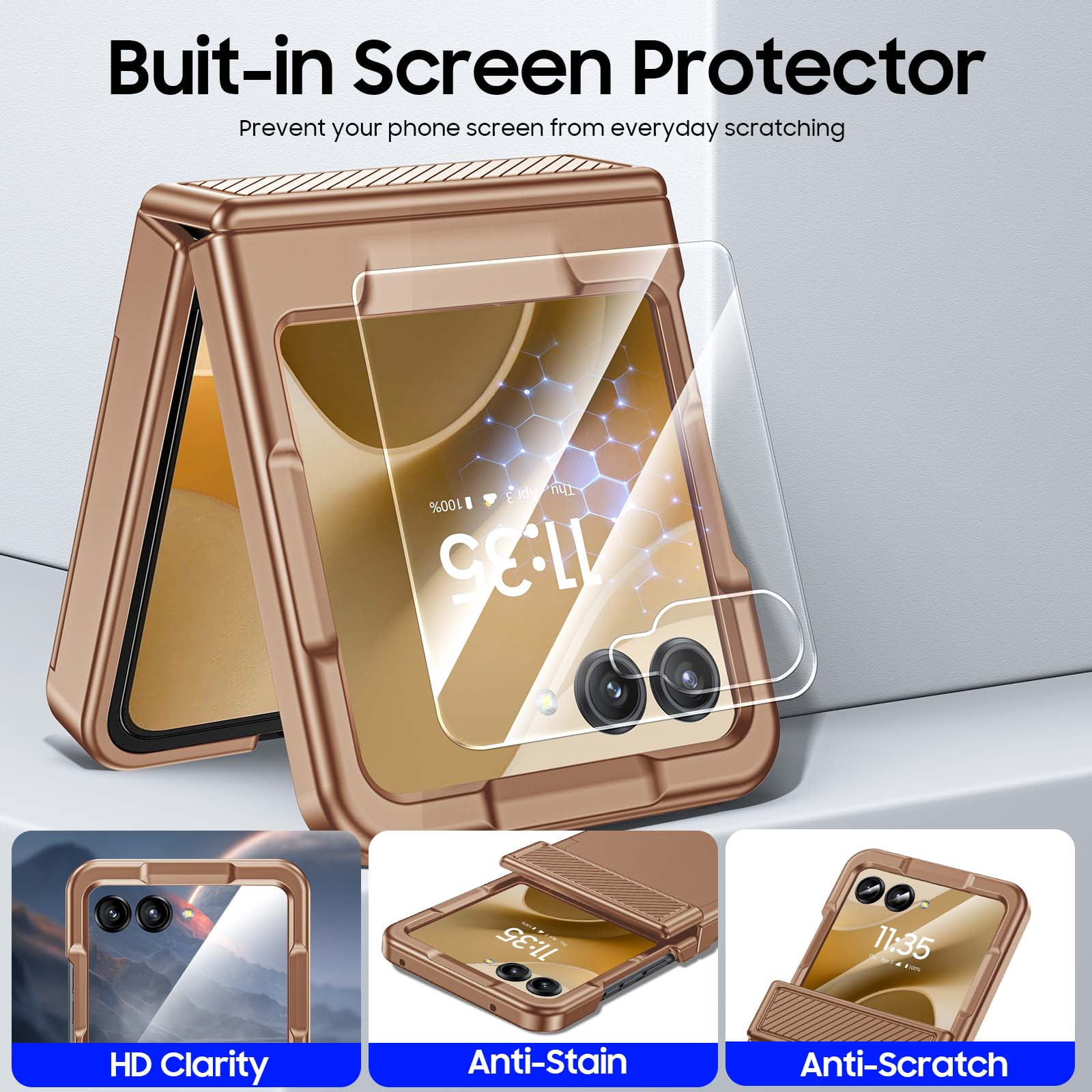 Vizvera for Motorola Razr 2026/2025/2024 Phone Case with Card Holder [RFID Blocking],Hinge Protection,Screen Protector Shockproof Case-Gold