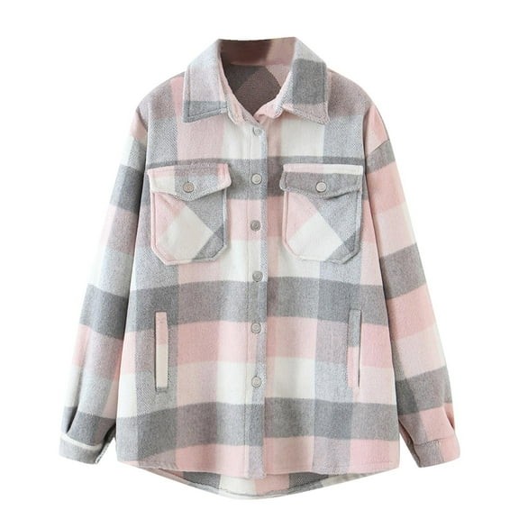 IROINNID Women's Shacket Jacket Turndown Lapel Plaid Long Sleeve Casual Brushed Top Pocket Single Breasted Check Woolen Jacket, Gray