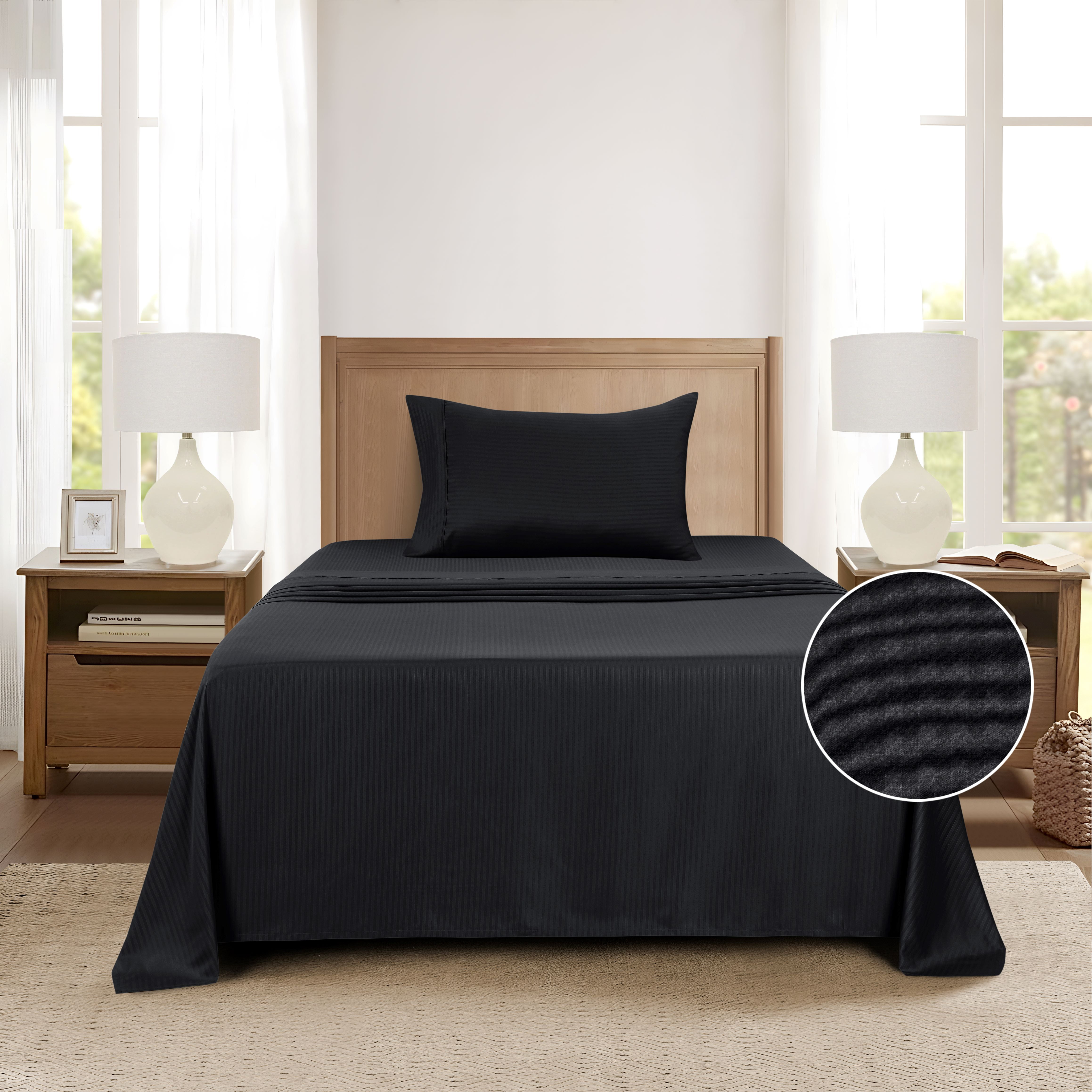 Mainstays Super Soft Brushed Microfiber Bed Sheet Set, Rich Black Embossed Stripe, Twin-XL, 3 Piece