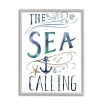 Stupell Industries The Sea is Calling Nautical Sentiment Navy Anchor Nature Painting Gray Framed Art Print Wall Art, 16 x 20
