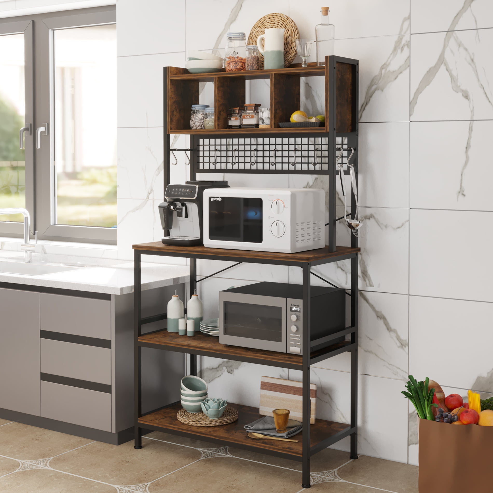 Ktaxon 70" Kitchen Baker's Rack with10 Hooks, Pantry Cart 5-Tier Storage Microwave Table Oven Stand Coffee Bar, Rustic Brown