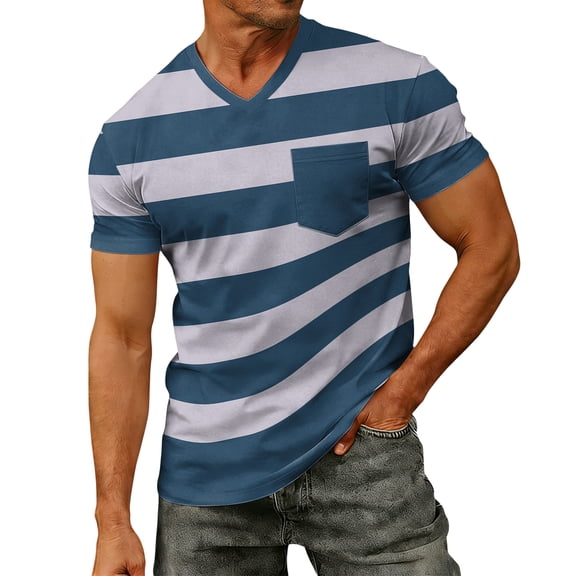 Yifymode Men's V Neck Short Sleeve T-Shirt, Wide Horizontal Stripe Print Chest Pocket Casual Top Blue L
