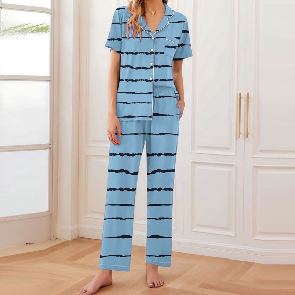 Pijama de manga corta con estampado de rayas para mujer, pantalón largo y fino, con solapa, de poliéster, para mujer