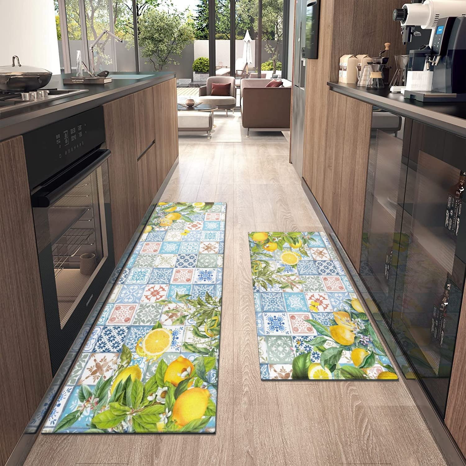 Lemon Kitchen Mat Set of 2,Boho Lemon Kitchen Rugs and Mats Non Skid Washable,Bohemian Kitchen Runner Rugs with Rubber Backing (17"x48"+17"x30")