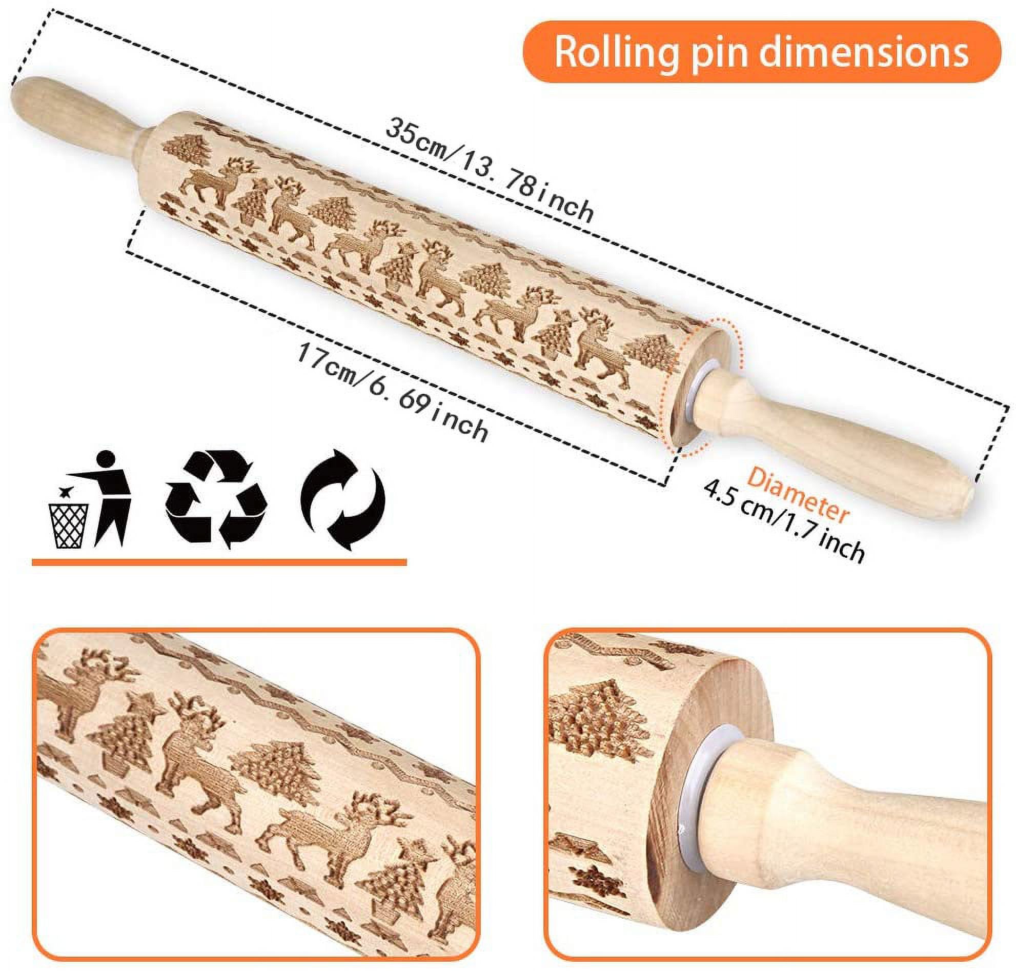 Christmas Wooden Rolling Pins, Engraved Embossing Rolling Pin with Xmas Symbols for Baking Embossed Cookies - image 3 of 7
