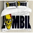 thumbnail image 1 of Zombie Duvet Cover Set, Dead Human Face Caricature Typography Style Monster Theme Illustration, Decorative 3 Piece Bedding Set with 2 Pillow Shams, Queen Size, Dark Blue Yellow, by Ambesonne, 1 of 3